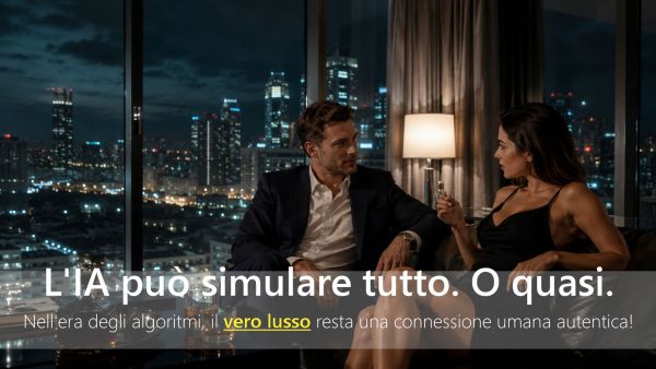 Uomo e donna condividono una conversazione autentica in un contesto esclusivo e raffinato